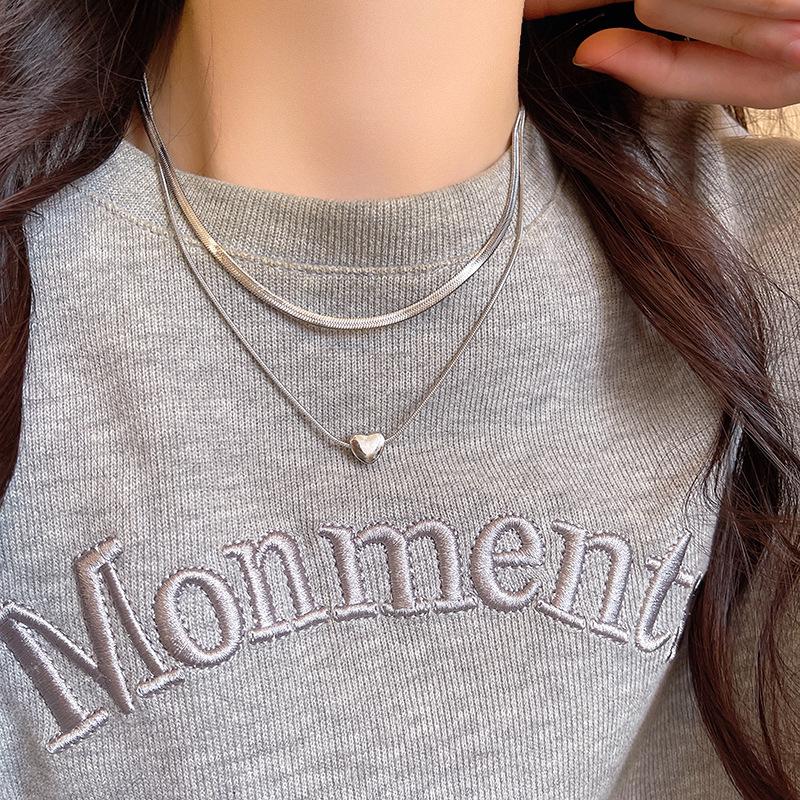 

Double-layer stacked silver love necklace, female cold wind collarbone chain, European and American personality matching