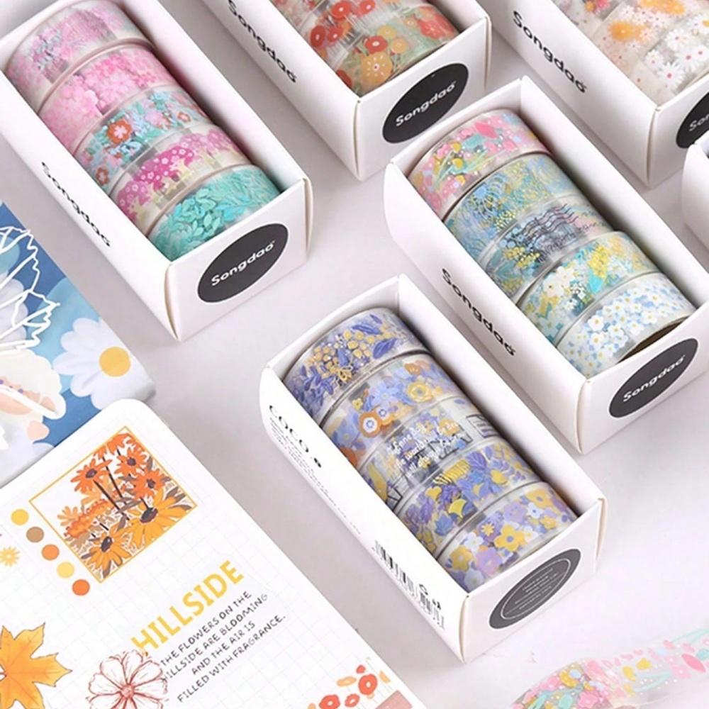 5 Rolls Of 1.8" * 3.23" Cute Transparent Midsummer Daisy Decorative Stickers DIY Materials And Paper Tapes
