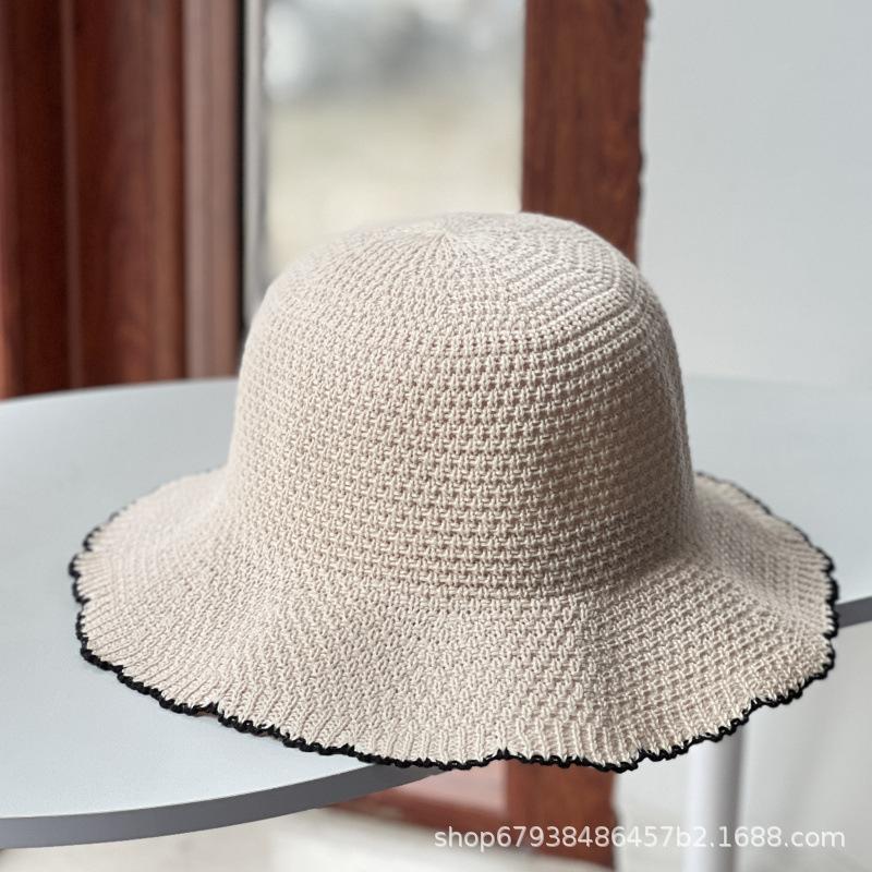 New Xiaoxiangfeng wavy eaves bucket hat women's temperament woven foldable breathable sunshade sunscreen bucket basin hat