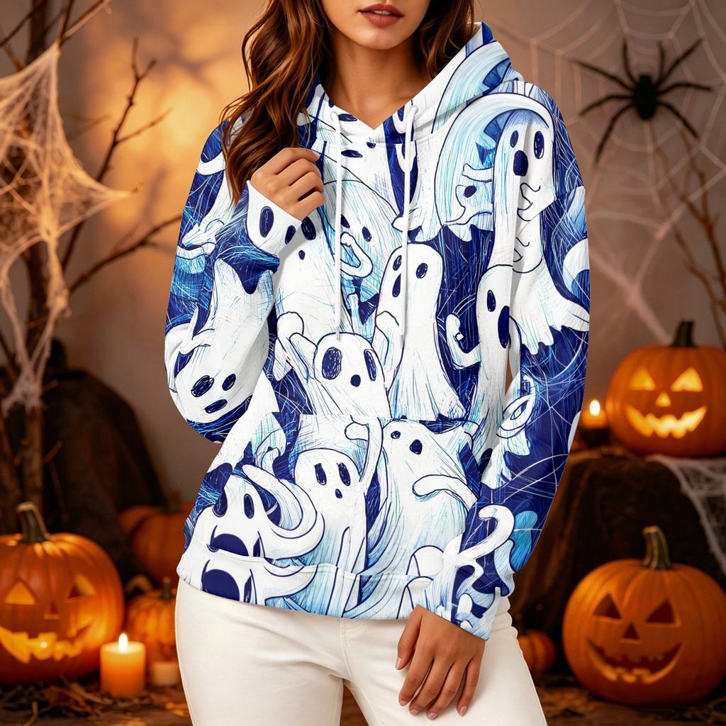 Women's fashionable long-sleeved Halloween print hooded pullover hoodie top
