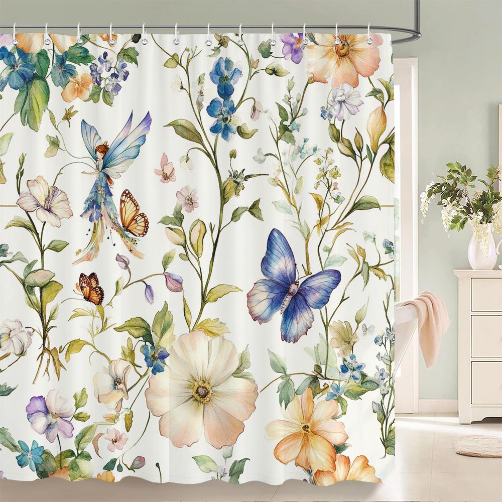Watercolor Flowers, Leaves And Butterflies Shower Curtain Floral Printed Bathroom Bath Curtain Home Decor Curtain With Hooks