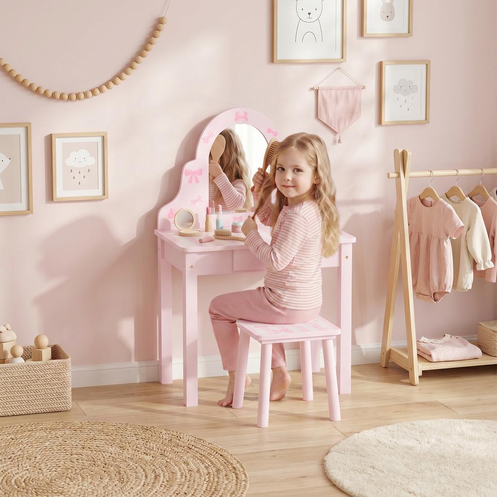 Kids Vanity Table Set 2 In 1 with Stool for Girls 3-6 Pink