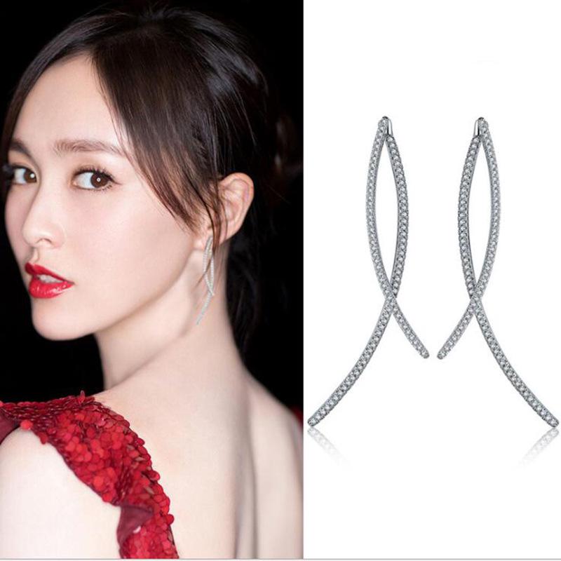 

UILZ Korean Cross Line Stud Earrings with Tassel & Micro-set Zircon