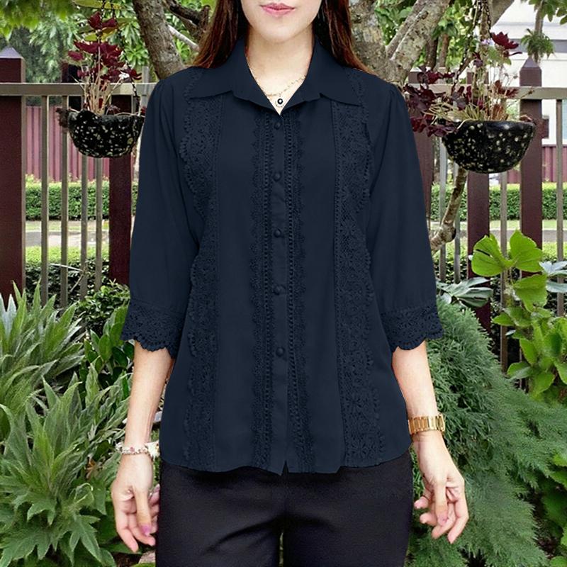 

ZANZEA Женская блузка с отложным воротником, рукавом 3/4 и кружевной вставкой 5XL темно-синий