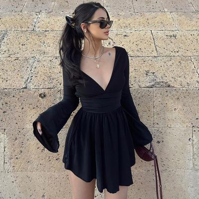 Ευρωπαϊκό και Αμερικάνικο γυναικείο φθινοπωρινό και ανοιξιάτικο σέξι πίσω ανοιχτό μονόχρωμο μακρυμάνικο V-λαιμόκοψη με ζώνη στυλ πικάντικο κορίτσι φόρεμα