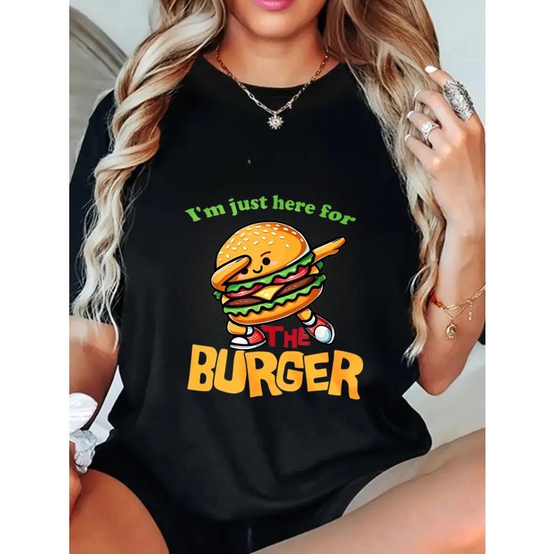 Oversized T Shirt Black I M Just Here For The Burger Cartoon Burger Graphic Casual Wear For Women Summer Outfit Streetwear Fashion Trendy Top