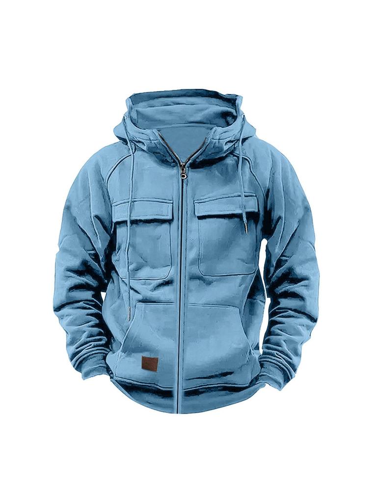 Men's Retro Leather Patch Hooded Sweatshirt - Solid Color, Cross-Border, Autumn/Winter Collection