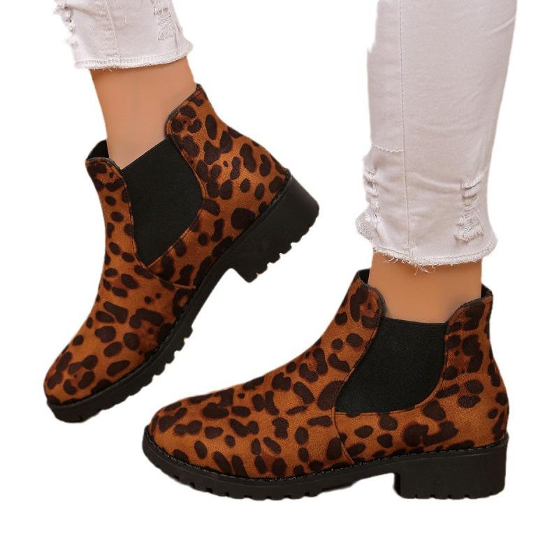 New European and American Round Head Leopard Print Winter Thick Heel Low Tube Waterproof Table Elastic Sleeve Martin Boots