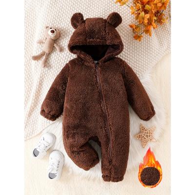 Baby Solid Colour Warm Velvet Bear Ears Hooded Long Sleeve Bodysuit, Toddler and Baby Girl Autumn Winter Outdoor Bodysuits