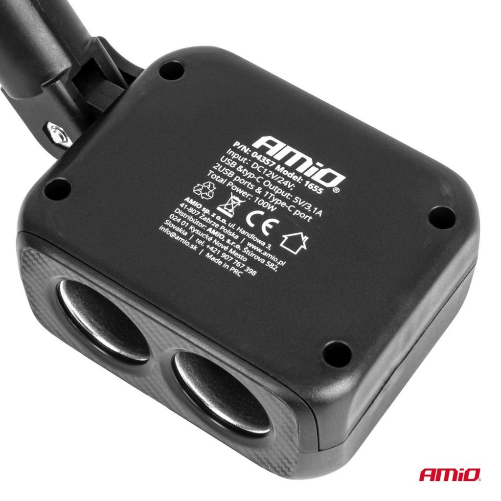 Adattatore presa accendisigari con caricatore 2x USB-A 1x USB-C 12V 24V 100W 180° AMIO-04357