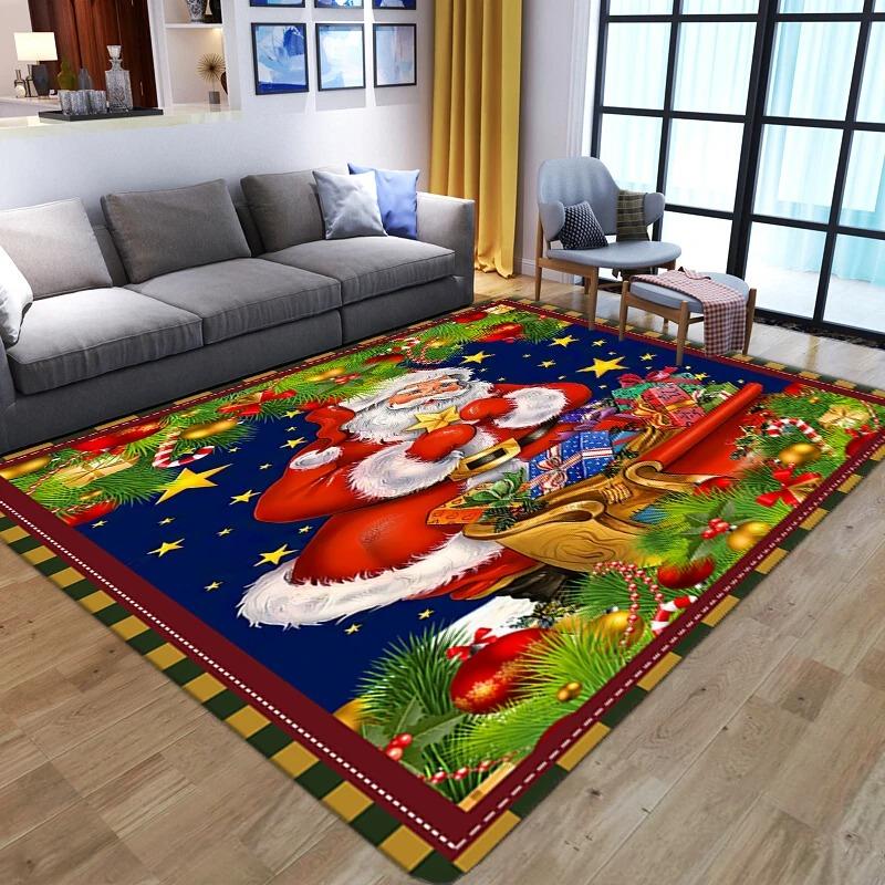 Christmas Themed Festive Rug Santa Snowman Holiday Scene Print Living Room Carpet Home Decor for Christmas Season