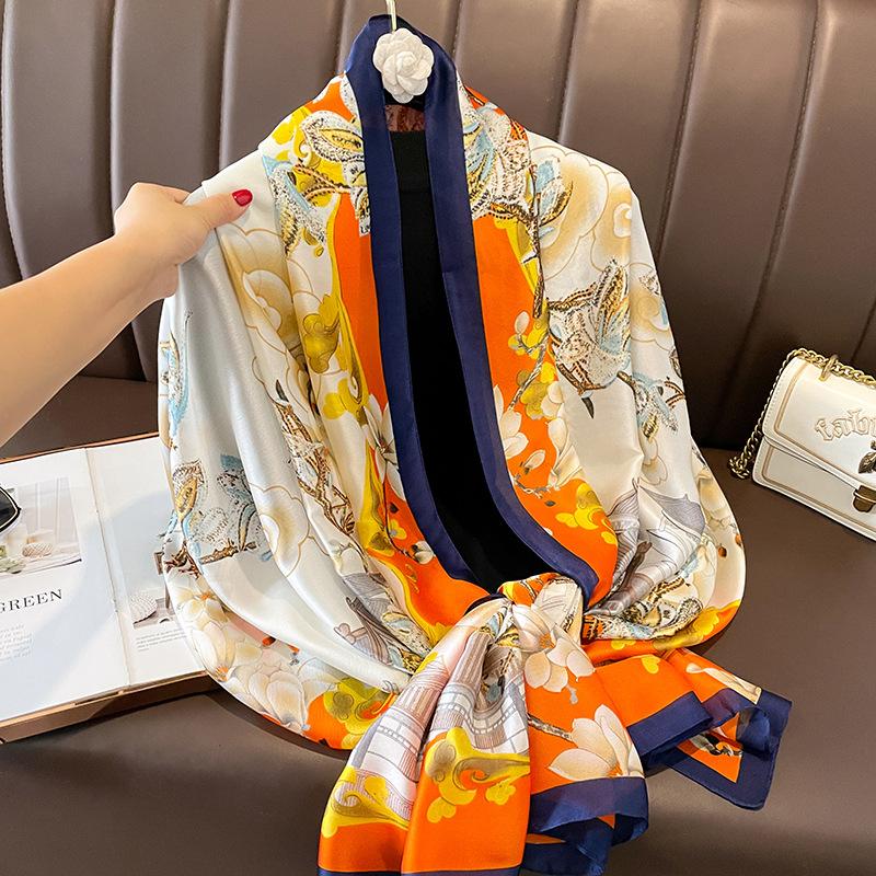 Painting Floral Design 100% Silk Feeling Scarf For Women 180X90Cm Shawl Wraps Luxury Female Hijab Headband Foulard Beach Stoles