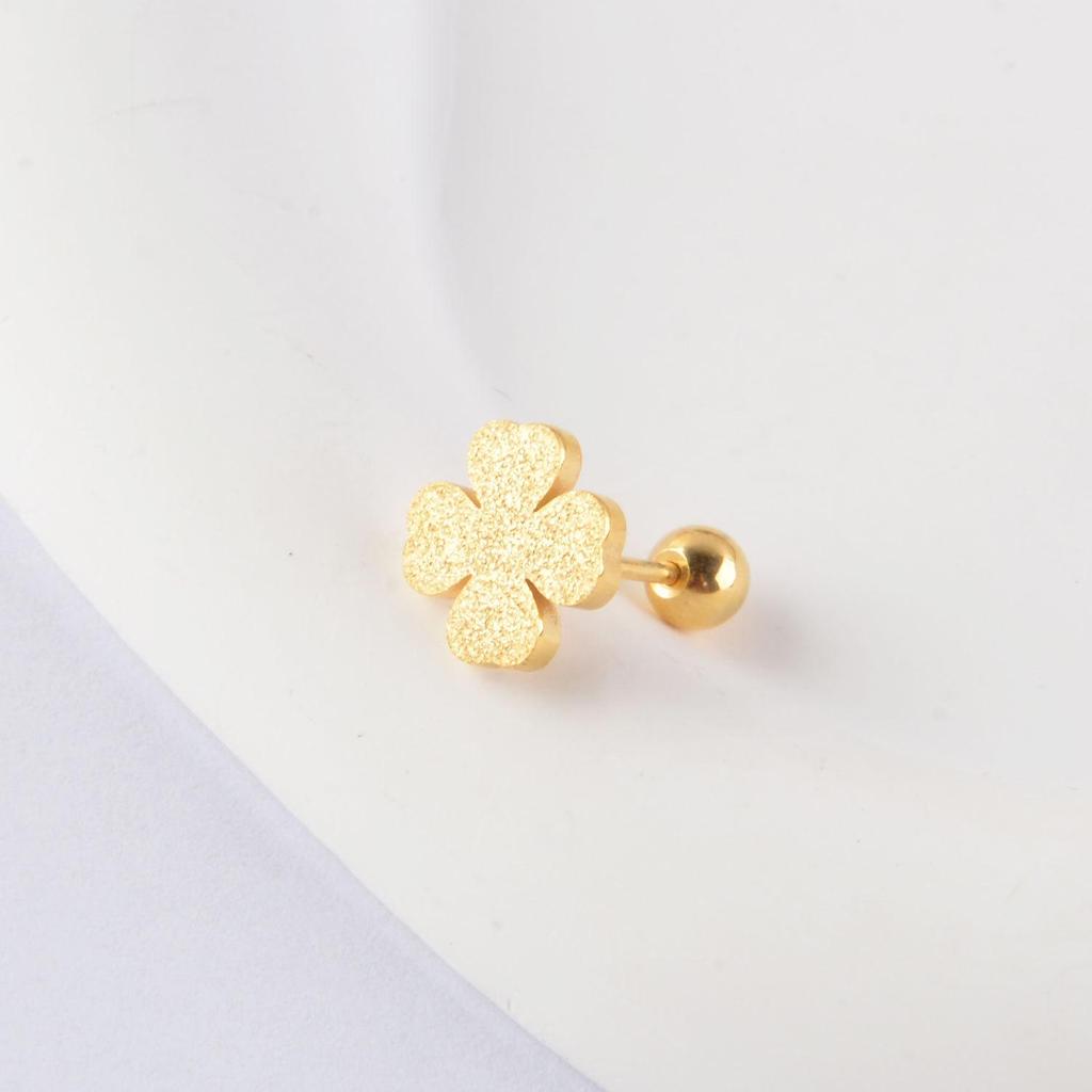 Gold Frosted Four-Leaf Clover Titanium Steel Stud Earrings - Non-Fading, Anti-Loss, Luxurious Design