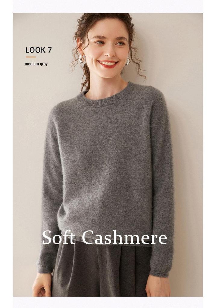 Women's Cashmere Round Neck Sweater - Solid Color Pullover for Autumn/Winter