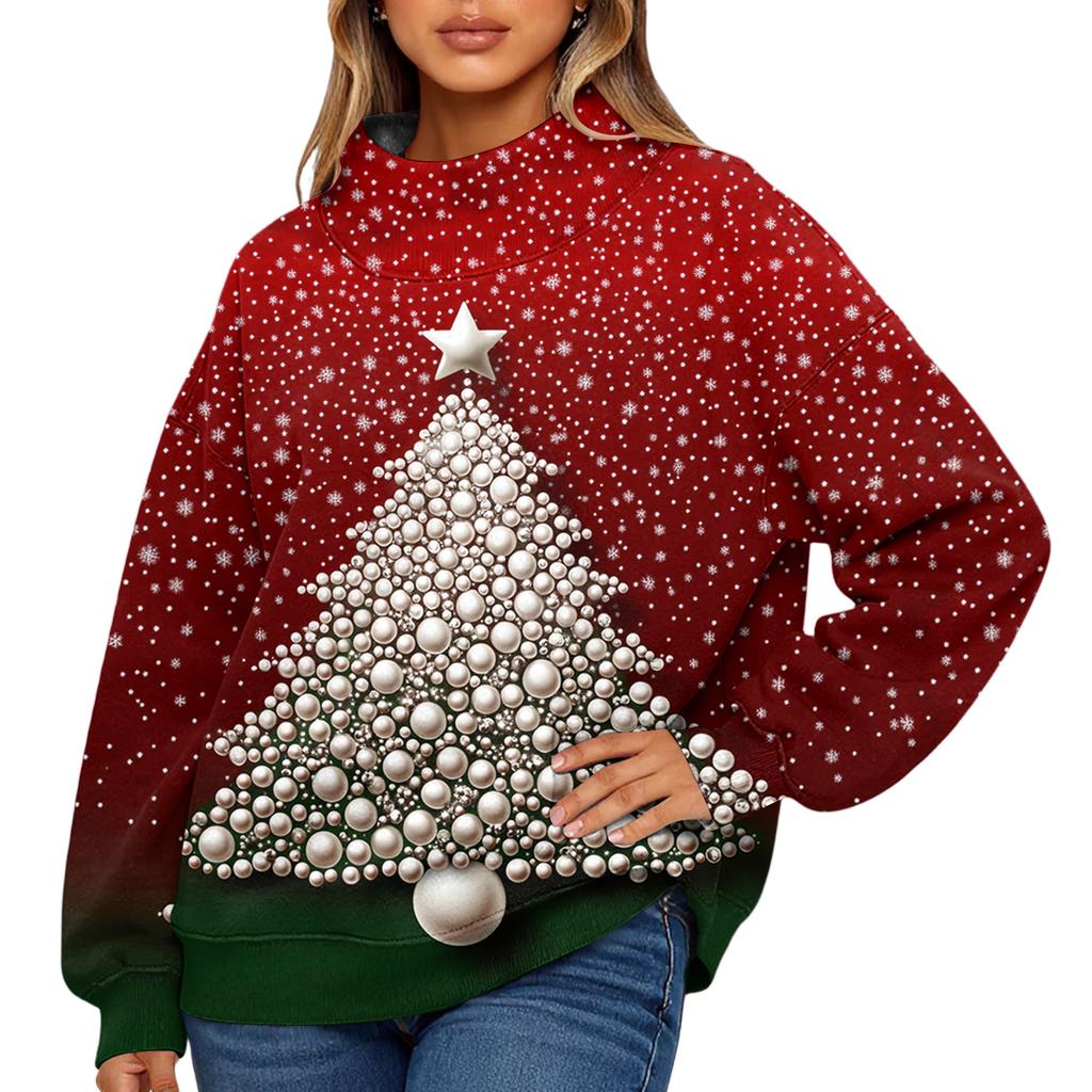 Ladies' Fashionable Christmas Printed Long Sleeved High Neck Sweatshirt Top