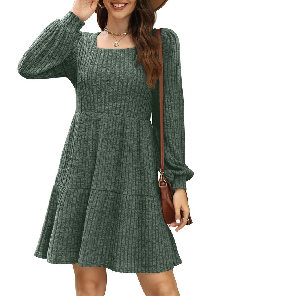 Damen Quadratischer Ausschnitt Langärmliges Herbstkleid Lässiges Baby-Pulloverkleid