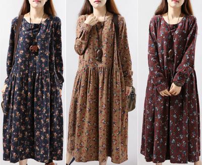 Moda feminina casual decote em v estampado manga comprida cintura alta vestido estampado
