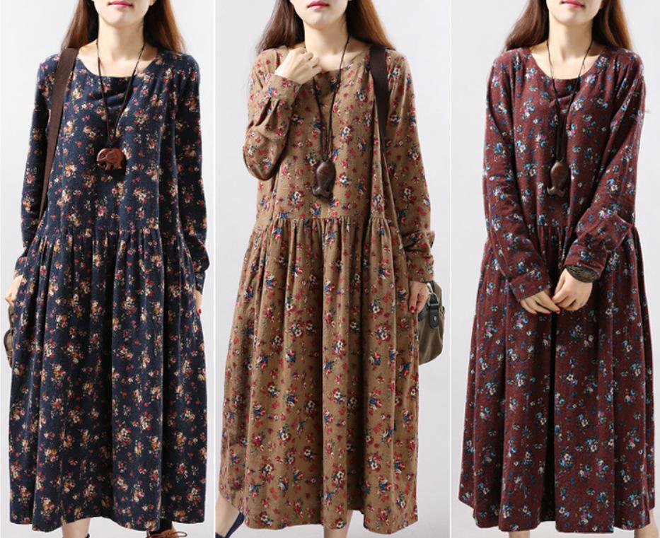 Fashion Women's Casual V-Neck Printed Long Sleeve High Waist Printed Dress