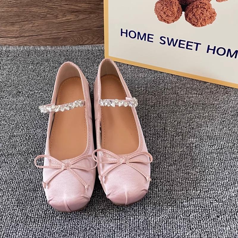 Sheepskin version small man inner height increase 5cm ballet shoes women's spring and autumn rhinestone bow light mouth satin shoes