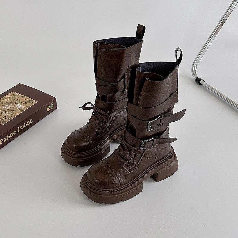 Fashion Comemore Thick Bottom Heightening Short Boots Women's 2025 New Autumn Suede Belt Buckle Punk Style Solid Mid-calf Bota Femininas