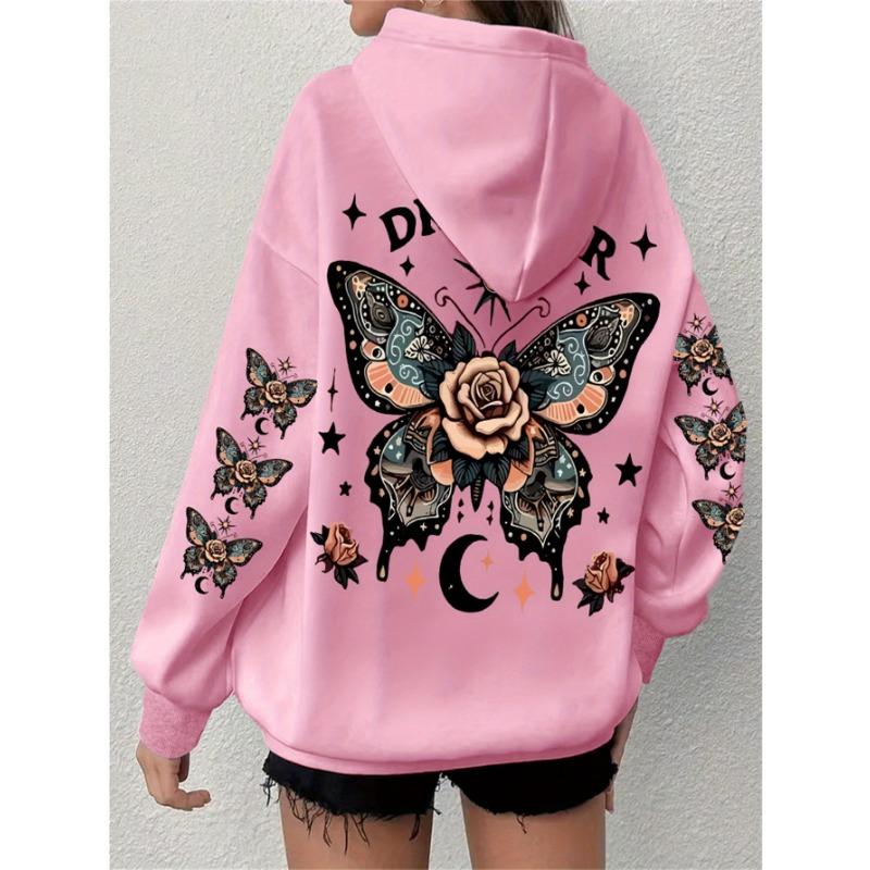 Hoodie Long Sleeved Butterfly Letter Printed Casual Plus Size Hoodie