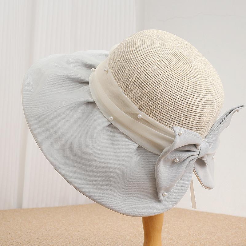 French Elegant Mesh Splicing Pearl Bow Big Eaves Straw Hat Women's Summer Sunscreen Sun Hat Show Face Small Holiday Hat