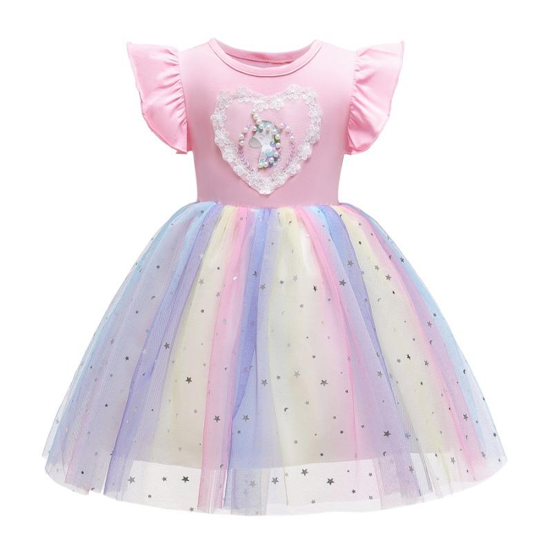 Girls Kids Summer Thin Knitted Tulle Rainbow Unicorn Princess Dress