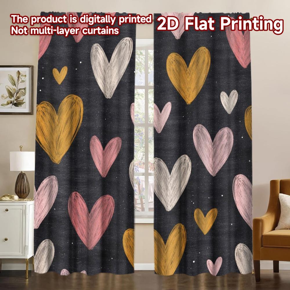 2D FLAT PRINTING 2pcs Curtains (Without Rod) Valentine's Day Chalk Hearts Modern Print Curtains Polyester Easy Install Curtains