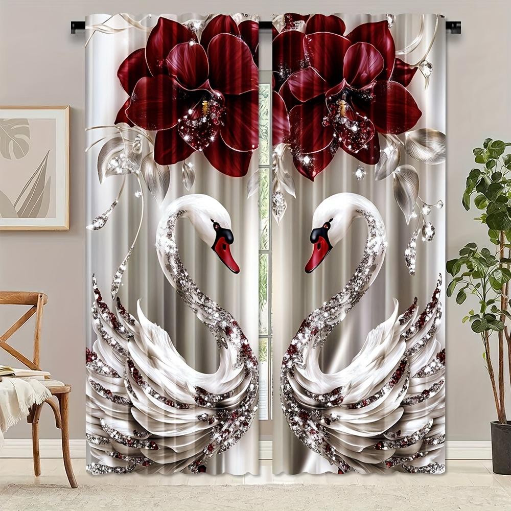 2pcs Floral & Swan Art Sheer Polyester Rod Pocket Curtains – Light Filtering for Living Room   Bedroom & Office