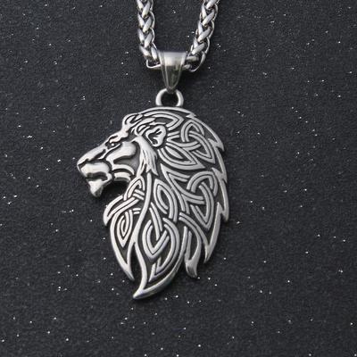 Stainless Steel Celtic Lion Head Pendant Necklace for Men & Women - Viking Nordic Irish Knotwork Jewelry with Leather Chain, Amulet Gift