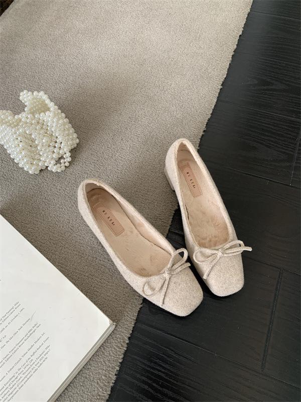 2025 Autumn and Winter New Square Head Thick Heel Doudou Shoes Bow Mao Mao Shoes Fashionable Versatile Cotton Shoes