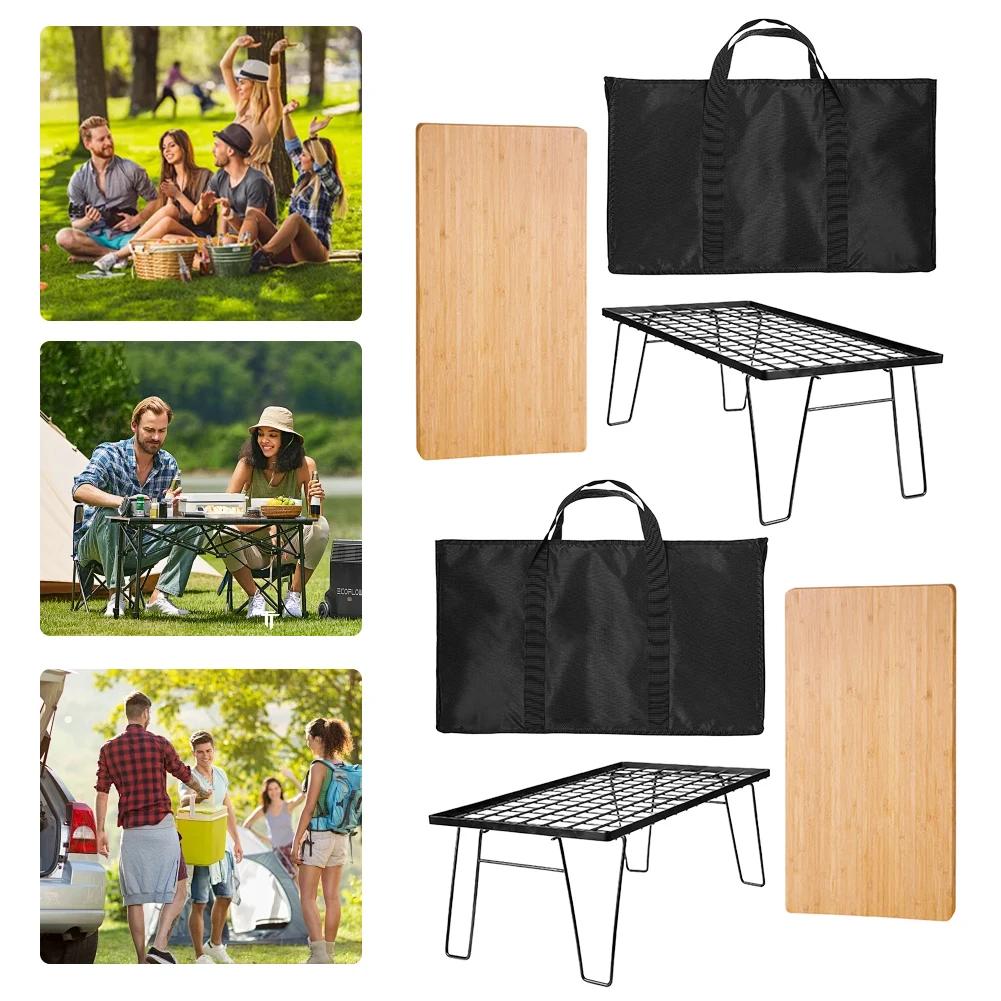 Mesa de Camping Leve com Tampo de Mesa e Bolsa Mesa de Piquenique de Malha de Ferro Multifuncional Mesa de Grelha para Fogueira para Churrasco ao Ar Livre