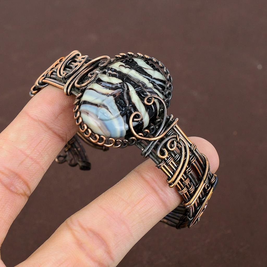 Carved Sulemani Agate Handmade Copper Wire Wrap Bangle Adjustable l6W91