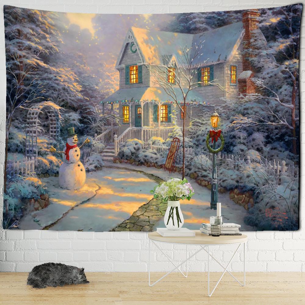 Christmas Snowy Night Travel Map Tapestry Wall Hanging Psychedelic Forest House Illustration Home Living Room Decor