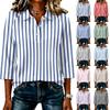 Women's Casual 3/4 Sleeve Striped Patchwork Shirt Button Front V Neck Blouse Lightweight Loose Fit Top for Everyday Wear