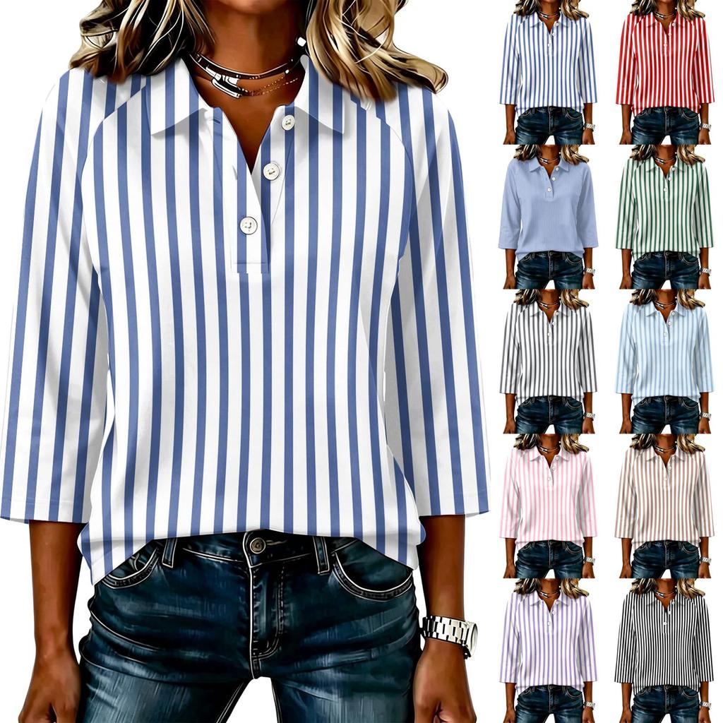 Women's Casual 3/4 Sleeve Striped Patchwork Shirt Button Front V Neck Blouse Lightweight Loose Fit Top for Everyday Wear