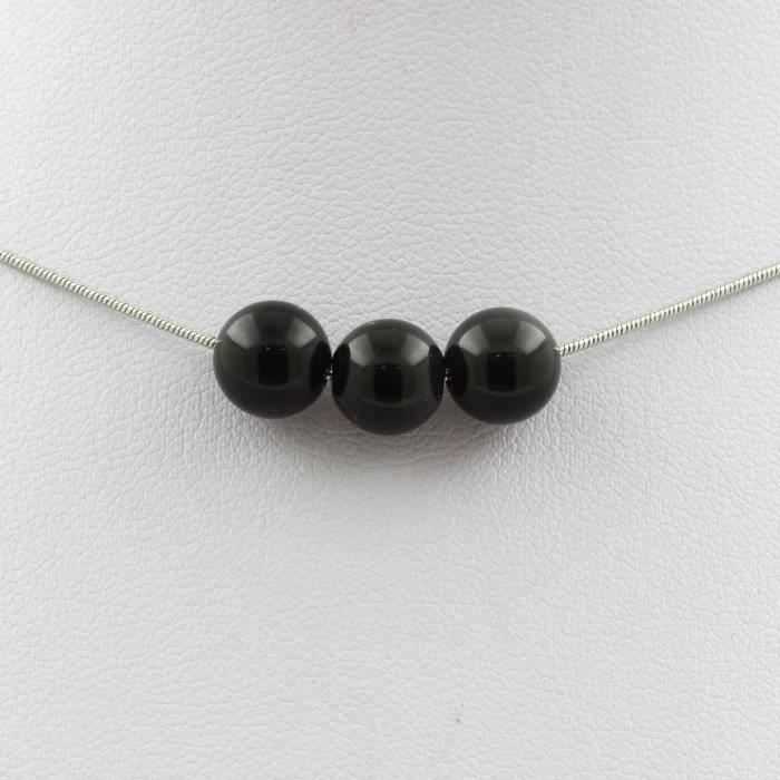 Collier en Obsidienne noire - ABIJOUX - 3 perles de 8 mm - Chaine en acier inoxydable - Longueur 45 cm