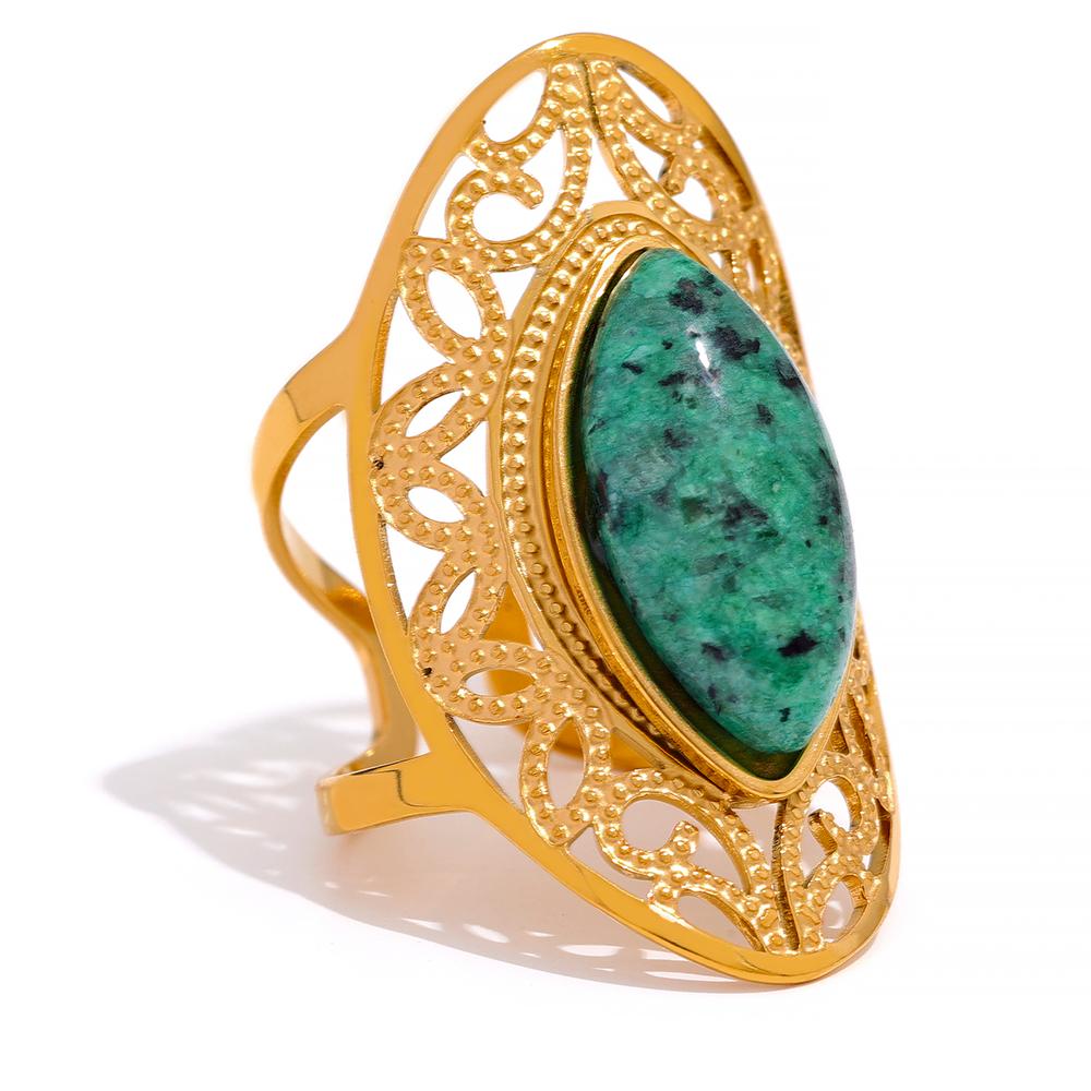 

Yhpup Vintage Green Natural Stone Stainless Steel Open Ring Geometric Gold Color Stylish Hyperbolic Trendy Jewelry for Women Open