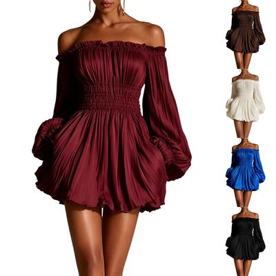 Women's Off-Shoulder Pleated Waist Long Sleeve Dress - Color Slim Fit for Party Evening Wear