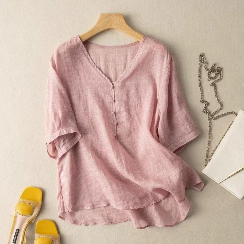 women v-neck half button linen blend blouse short sleeve casual solid color loose fit top