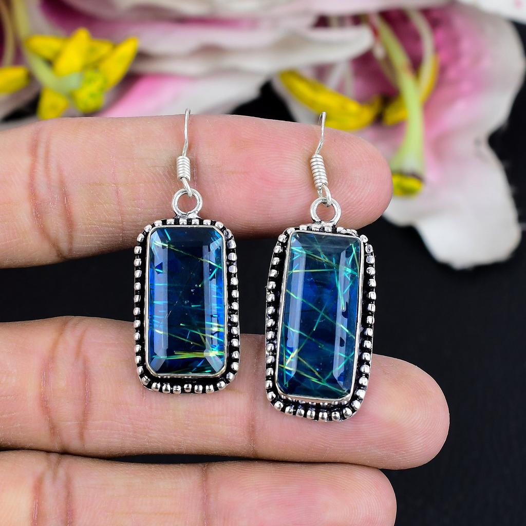 Blue Rutile Gemstone Handmade 925 Sterling Silver Jewelry Earring 1.97" KG-1792