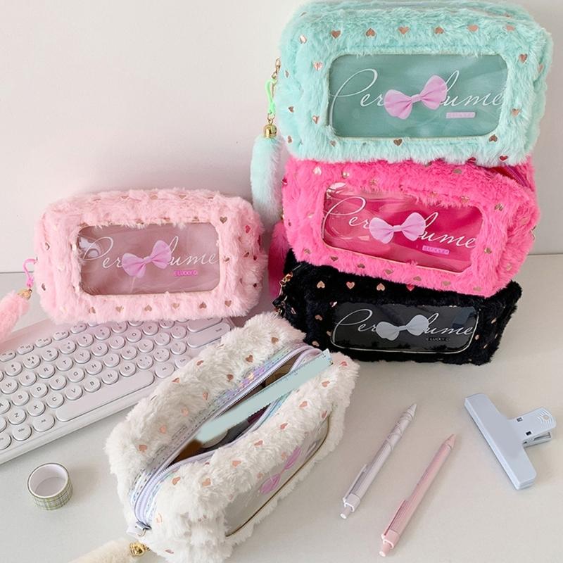 Soft Pencil Pouch Stylish Bowknot Decoration Roomy Interior Strong Zippers Closure Flexible for Students Professional