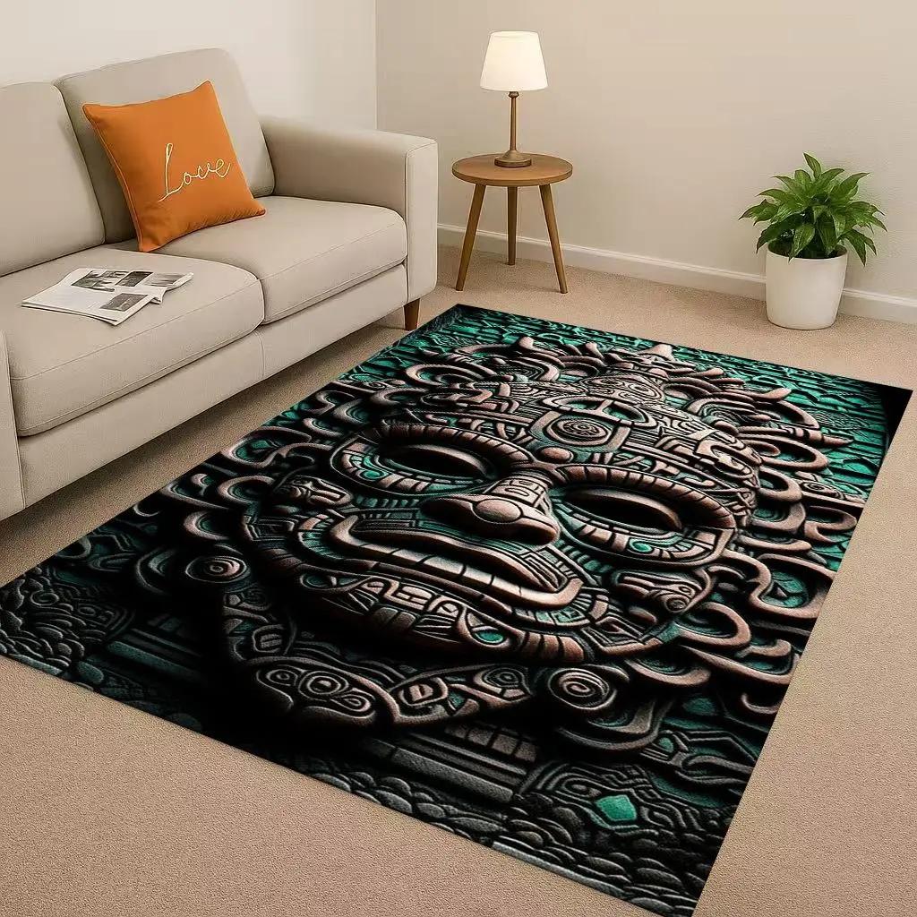 Retro Aztec Totem Maya Mask Sun God Living Room Non-Slip Area Rug Soft Carpet For Bedroom Sofa , Easy Clean Home Doormat Playmat