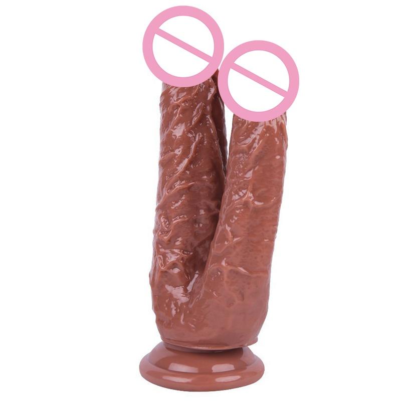 Double Dildos Female Masturbation Double Penetration Both Vagina and Anus Big Penis with Suction Cup Sex Toy Strap On Two Dildo