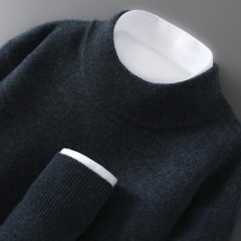 Men's Pure Wool Cashmere Knit Pullover - Autumn/Winter Half-High Neck Sweater