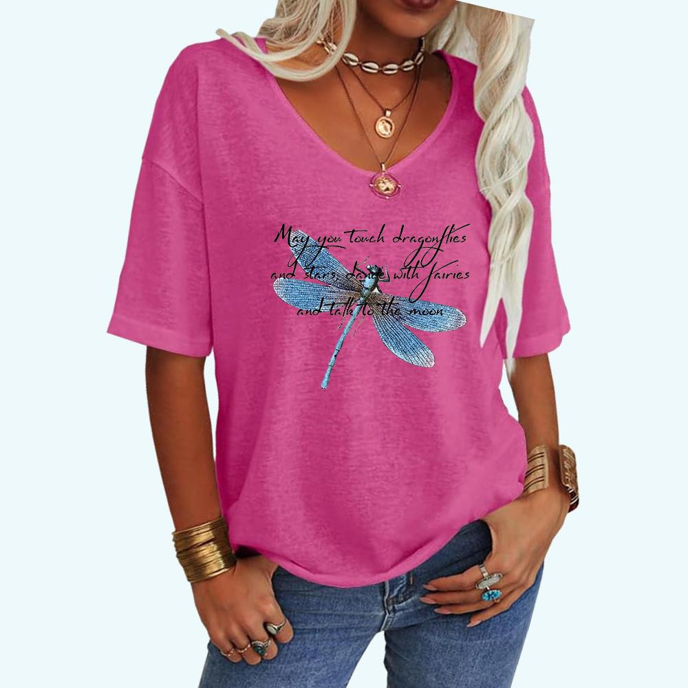 

Женская модная свободная футболка с V-образным вырезом, летний топ с принтом стрекозы, короткий рукав, футболка XXL розовый