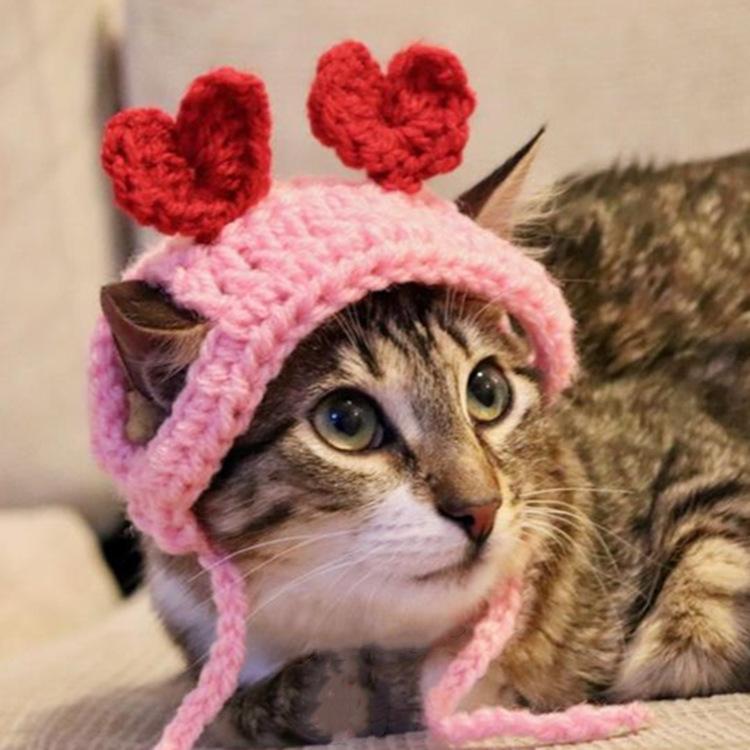 New Pet Cat Headwear Knitted Two Love Headgear Pet Birthday Dress Up Dog Hats Cat Accessories Pet Dog Birthday Christmas gift розовый