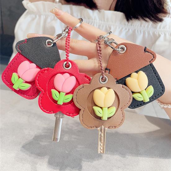2Pcs Elegant Tulip Key Holder Faux Leather House Shape Keychain