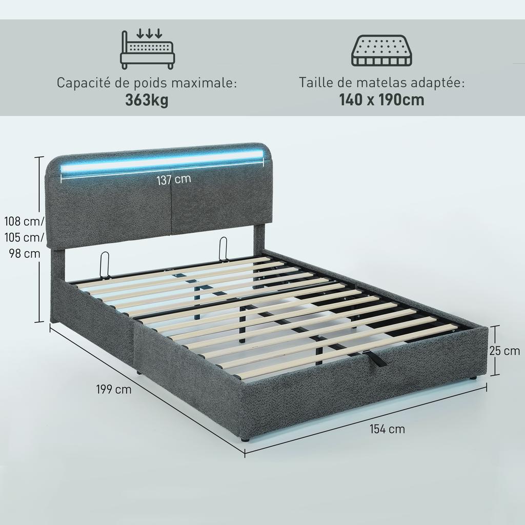 Storage Bed 140 X 190 Cm with LED Lighting, Adjustable Headboard, Double Bed Frame, Wooden Slatted Base, Grey