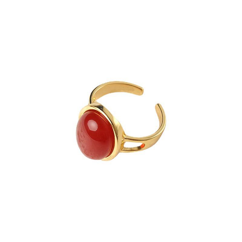 French Vintage Red Oval Women's 925 Silver-Plated Adjustable Ring - Korean Style Influencer Chic